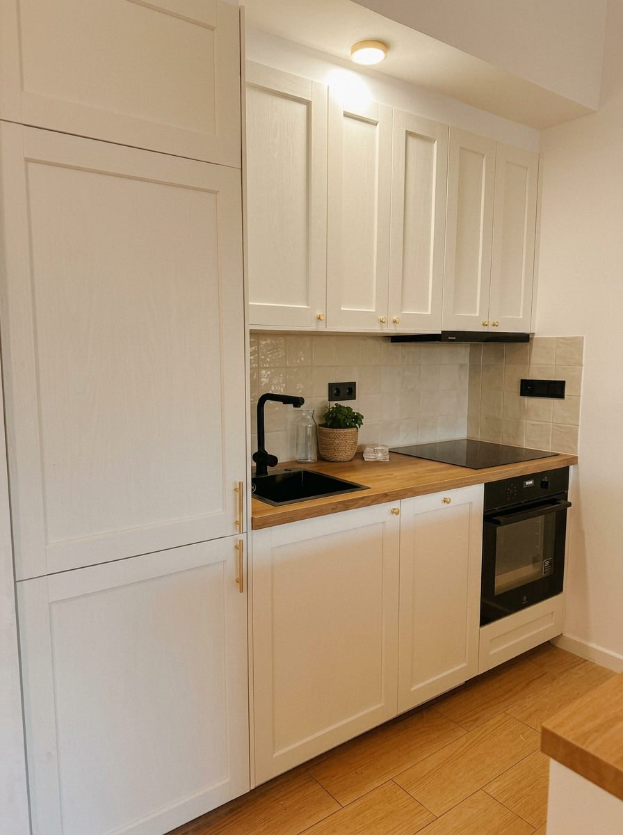 Kitchen with oak worktop, induction hob and oven