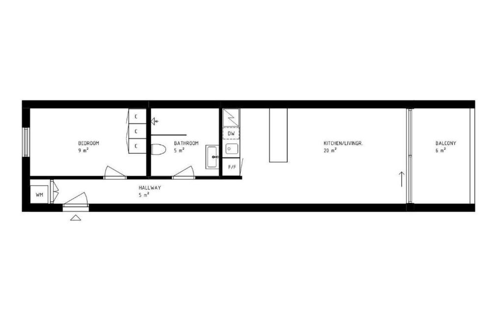 Floor plan: bedroom, bathroom, hallway, kitchen/living room and balcony
