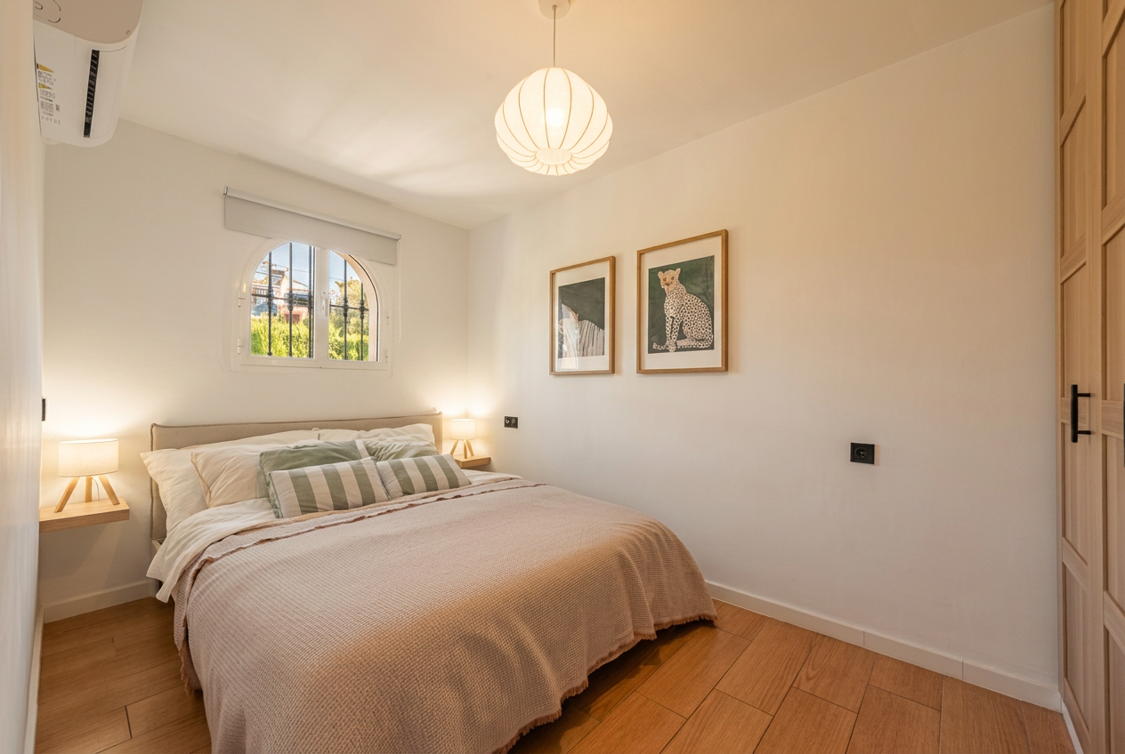 Bedroom with double bed and arched window