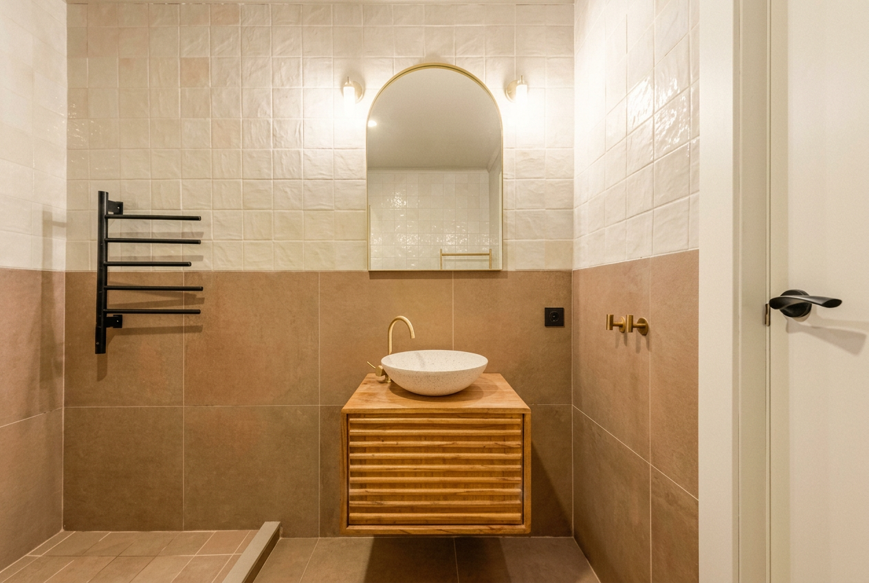 Bathroom with terrazzo basin and brass fittings