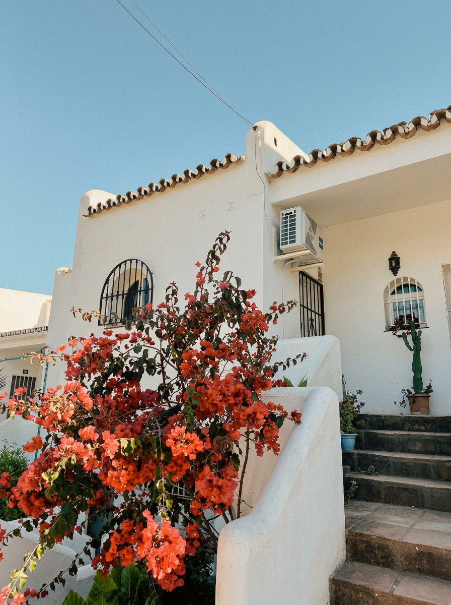 Whitewashed facade with bougainvillea